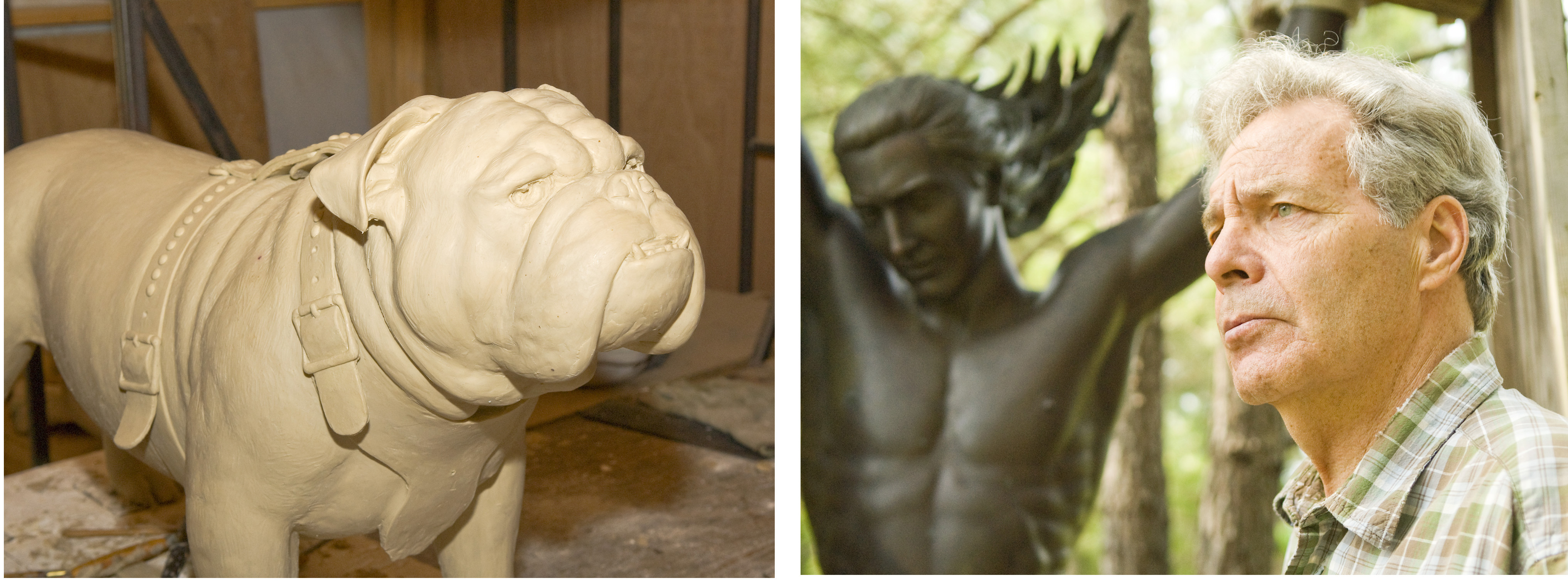 (Left) Bronze statue of TaTonka, the current bulldog who serves as "Bully," Mississippi State's mascot, will stand at the Junction. (Right) Eupora artist Edmond Shumpert stands in front of one of his many works currently in progress. The West Point native has been commissioned by MSU to create a bronze statue of TaTonka. (Left) Bronze statue of TaTonka, the current bulldog who serves as "Bully," Mississippi State's mascot, will stand at the Junction. (Right) Eupora artist Edmond Shumpert stands in front of one of his many works currently in progress. The West Point native has been commissioned by MSU to create a bronze statue of TaTonka.