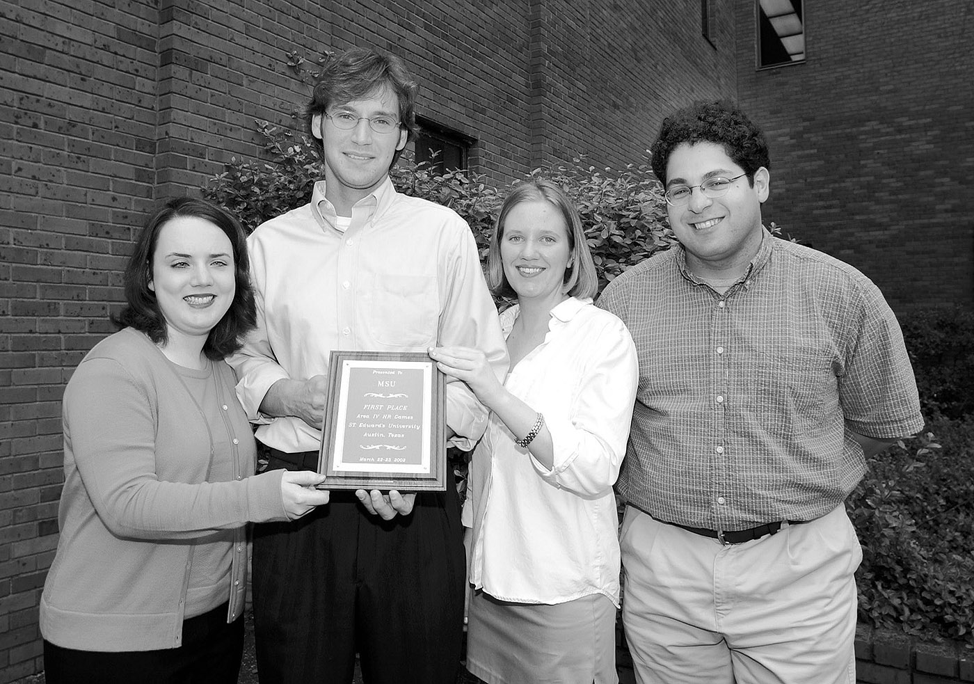 <br /><br />
MSU human resource team members (from left) Sutton Holcomb, Truman Abbe and Amber Crausby, with adviser Matthew Stollak. <br /><br />
MSU human resource team members (from left) Sutton Holcomb, Truman Abbe and Amber Crausby, with adviser Matthew Stollak.