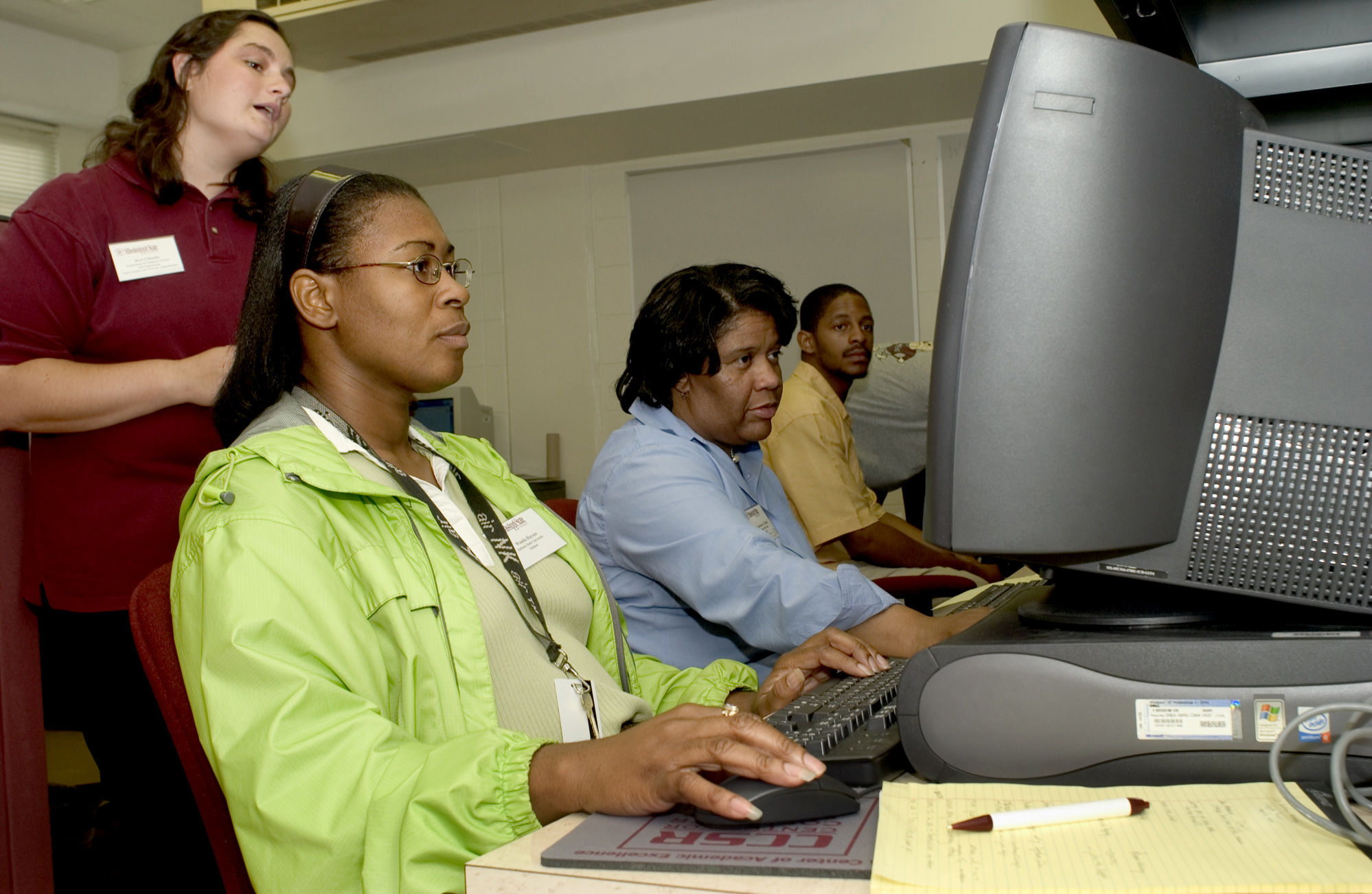 <br /><br />
Keri Chisolm (standing), assistant systems and network administrator for Mississippi State's Center for Computer Security Research, provides guidance to workshop participants (l-r) recent Jackson State University graduate Wanda Haynes and Mississippi Valley State computer science professor Constance G. Bland. They were learning how to take a "byte" out of crime during MSU's June 23-24 Information Assurance Workshop.<br /><br />
<br /><br />
Keri Chisolm (standing), assistant systems and network administrator for Mississippi State's Center for Computer Security Research, provides guidance to workshop participants (l-r) recent Jackson State University graduate Wanda Haynes and Mississippi Valley State computer science professor Constance G. Bland. They were learning how to take a "byte" out of crime during MSU's June 23-24 Information Assurance Workshop.<br /><br />