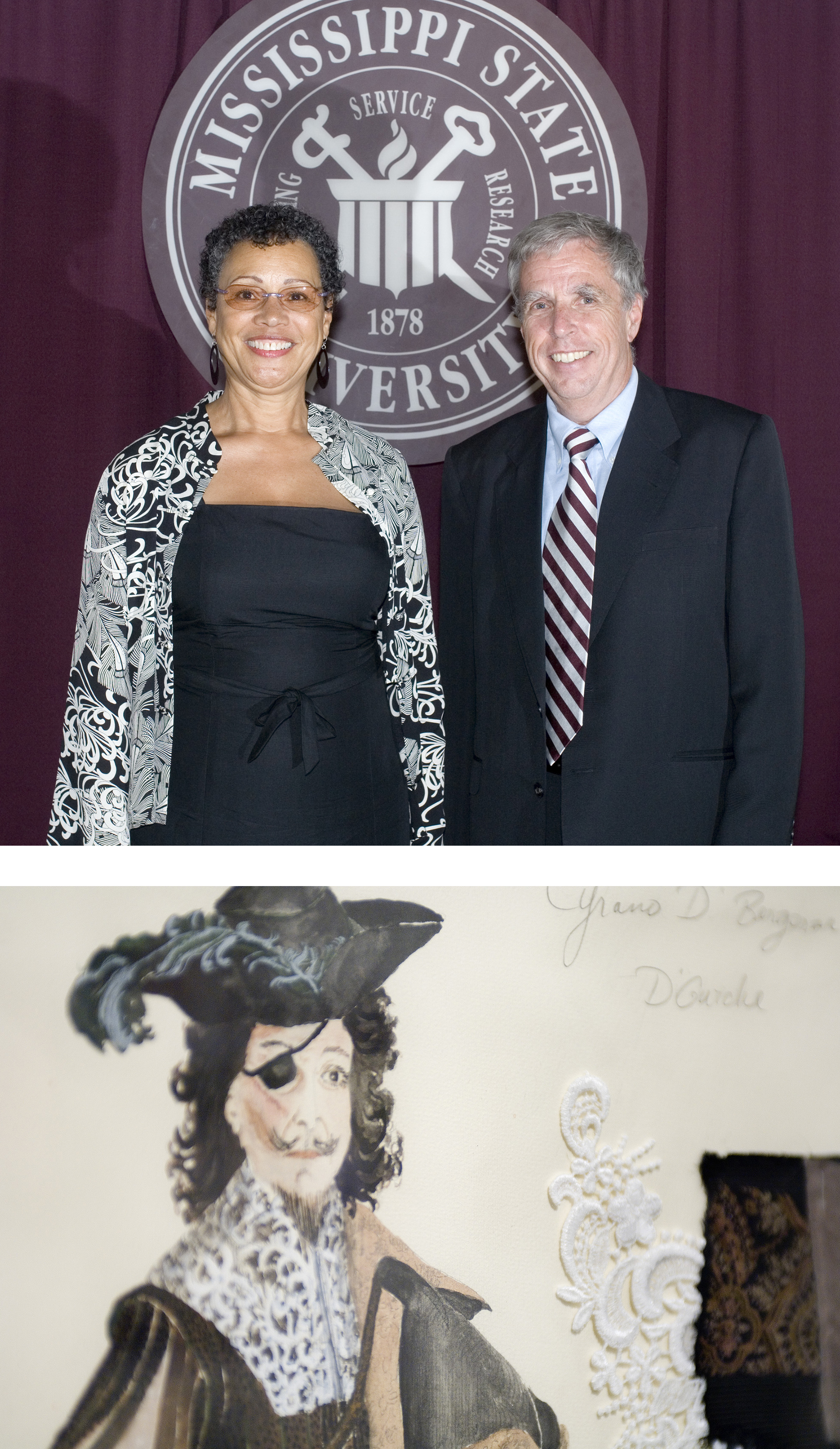 (Top photo) President Robert 'Doc' Foglesong posses with nationally-acclaimed costumer, Myrna Colley-Lee, shortly after she donated a portion of her personal theater memorabilia collection to the MSU library.<br /><br />
(Bottom photo) Myrna Colley-Lee's rendering of a costume design for Cyrano d'Bergerac, currently on display at the Mississippi Museum of Art. (Top photo) President Robert 'Doc' Foglesong posses with nationally-acclaimed costumer, Myrna Colley-Lee, shortly after she donated a portion of her personal theater memorabilia collection to the MSU library.<br /><br />
(Bottom photo) Myrna Colley-Lee's rendering of a costume design for Cyrano d'Bergerac, currently on display at the Mississippi Museum of Art.
