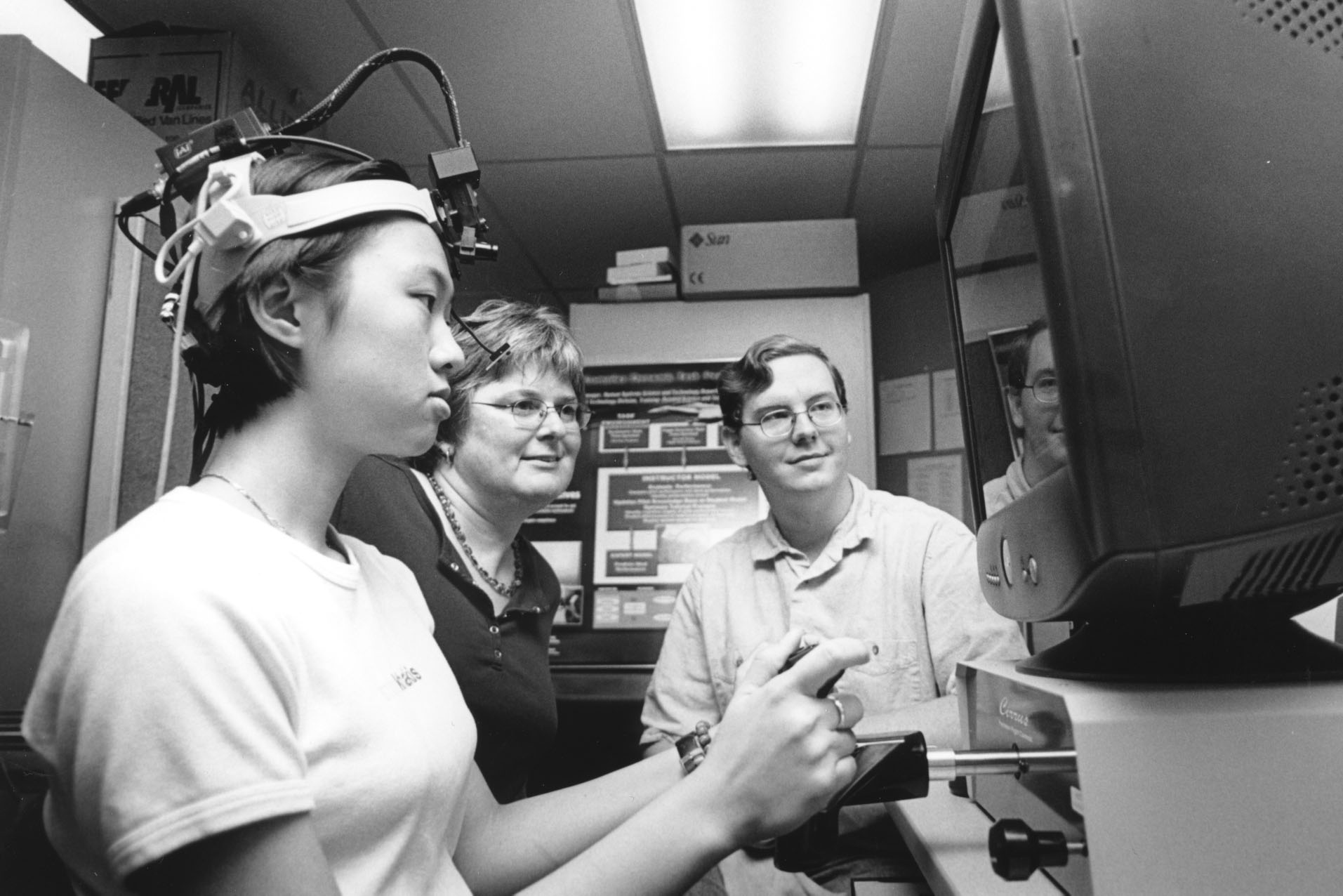 <br /><br />
MSU researcher Stephanie Doane (c) works with students Mei Yee Law and Daniel Carruth to test digital eye-tracking equipment. <br /><br />
MSU researcher Stephanie Doane (c) works with students Mei Yee Law and Daniel Carruth to test digital eye-tracking equipment.