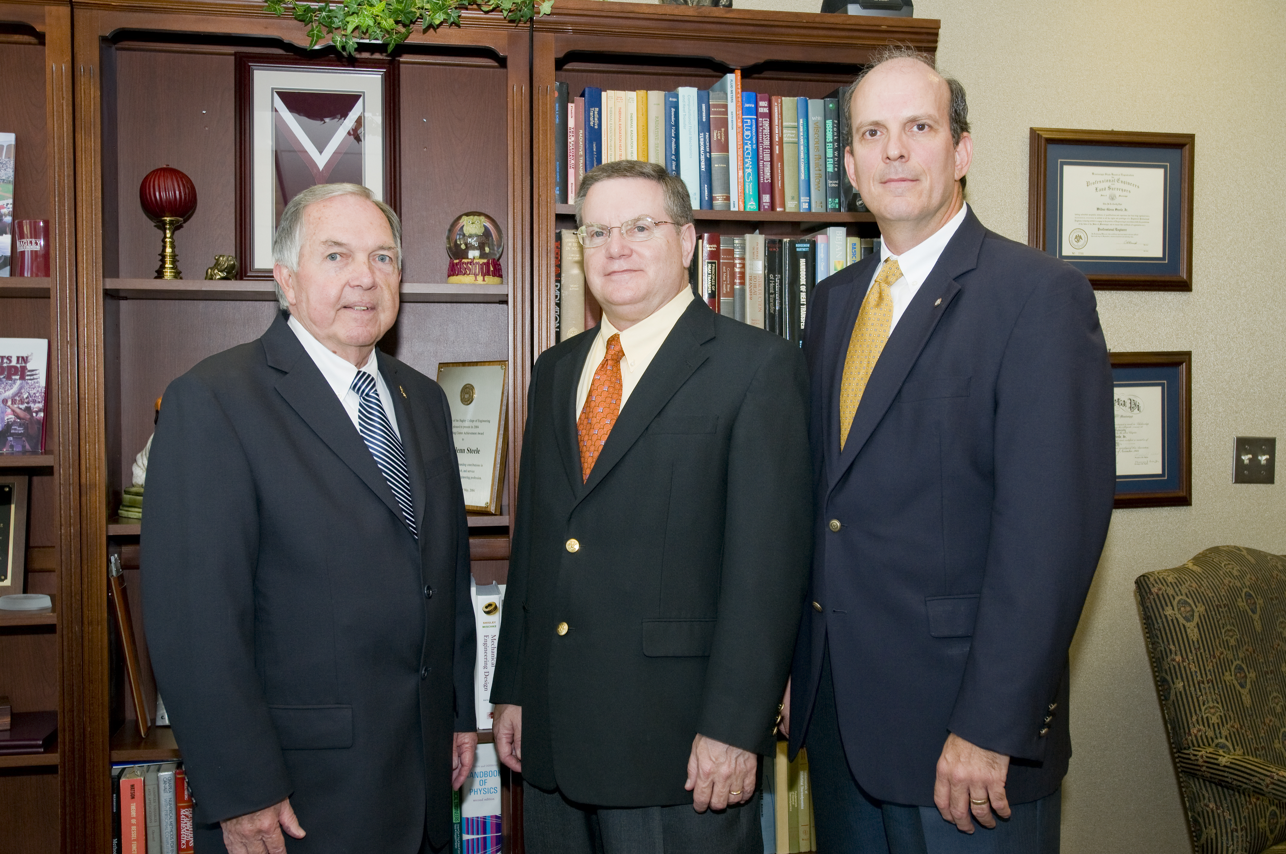MSU Interim President Vance Watson and interim engineering dean Glenn Steele (c) with Exxon representative Doug Deason, an MSU graduate. MSU Interim President Vance Watson and interim engineering dean Glenn Steele (c) with Exxon representative Doug Deason, an MSU graduate.
