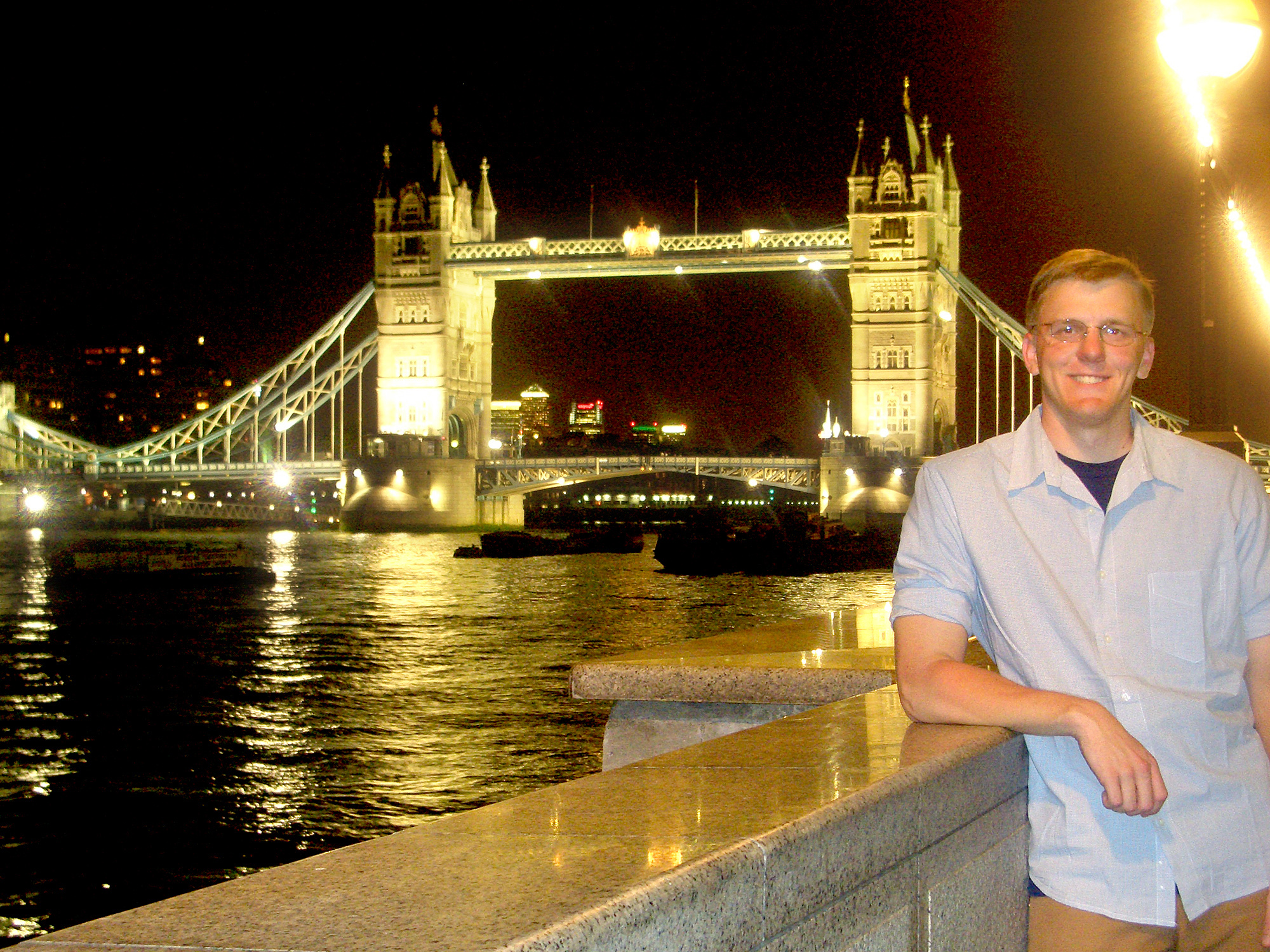 Kyle Frazier and London's Tower Bridge at night during study-abroad visit to England Kyle Frazier and London's Tower Bridge at night during study-abroad visit to England