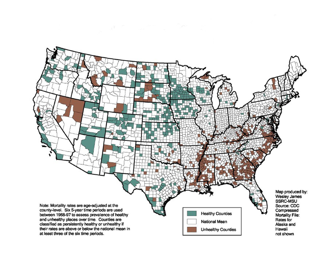 <br /><br />
Healthy and unhealthy places around the nation, as mapped by the Social Science Research Center <br /><br />
Healthy and unhealthy places around the nation, as mapped by the Social Science Research Center
