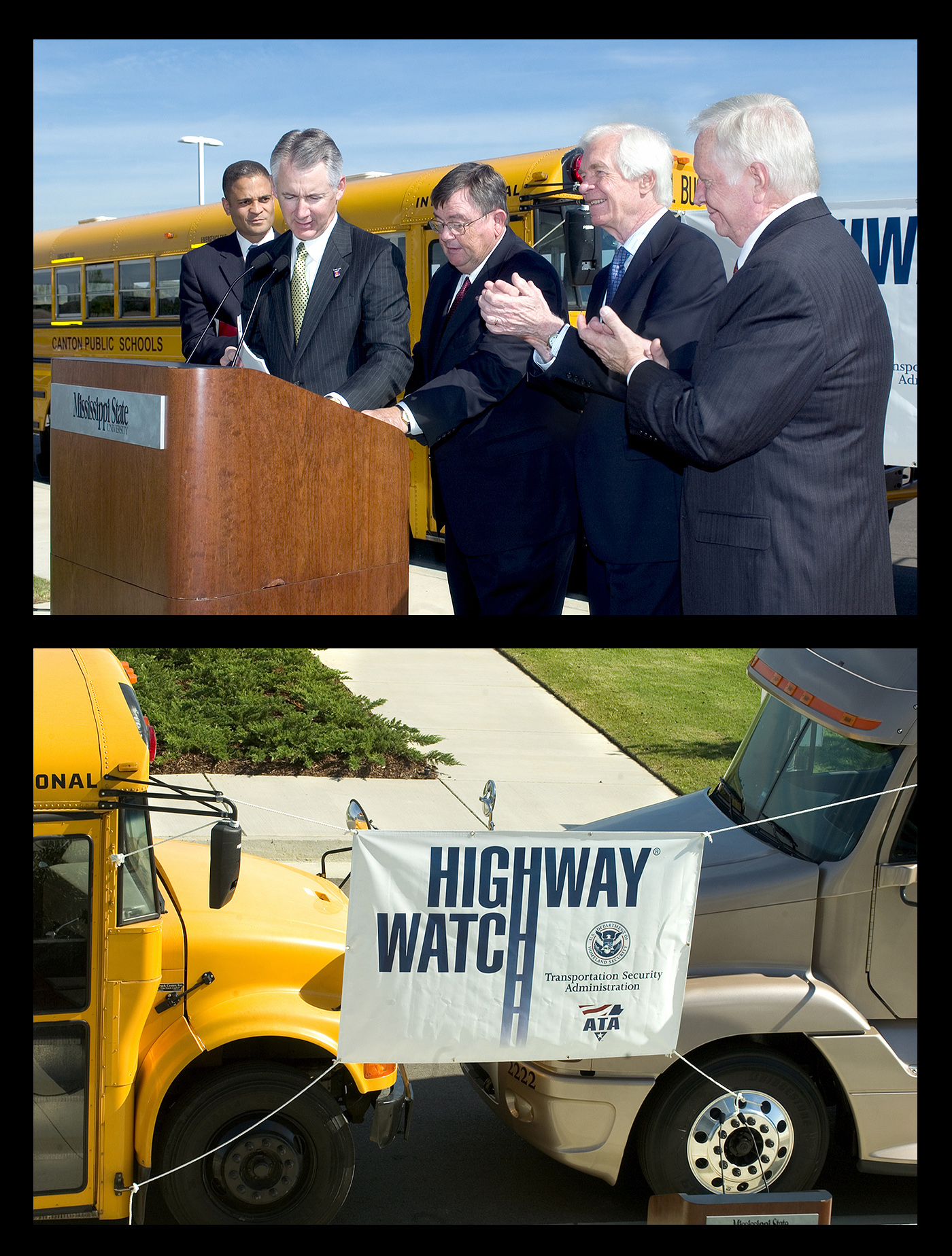 <br /><br />
In Tuesday ceremonies in Canton, officials of Mississippi State's Center for Advanced Vehicular Systems Engineering Extension Center joined national and state officials to launch a new center that will promote national highway safety. Taking part in the ceremony were (l-r) Jonathan Fleming of the U.S. Transportation Security Administration, Bill Graves of the American Trucking Association, university President Charles Lee, Sen. Thad Cochran (R-Miss.), and Dean Cotten of the Mississippi Trucking Association. <br /><br />
In Tuesday ceremonies in Canton, officials of Mississippi State's Center for Advanced Vehicular Systems Engineering Extension Center joined national and state officials to launch a new center that will promote national highway safety. Taking part in the ceremony were (l-r) Jonathan Fleming of the U.S. Transportation Security Administration, Bill Graves of the American Trucking Association, university President Charles Lee, Sen. Thad Cochran (R-Miss.), and Dean Cotten of the Mississippi Trucking Association.