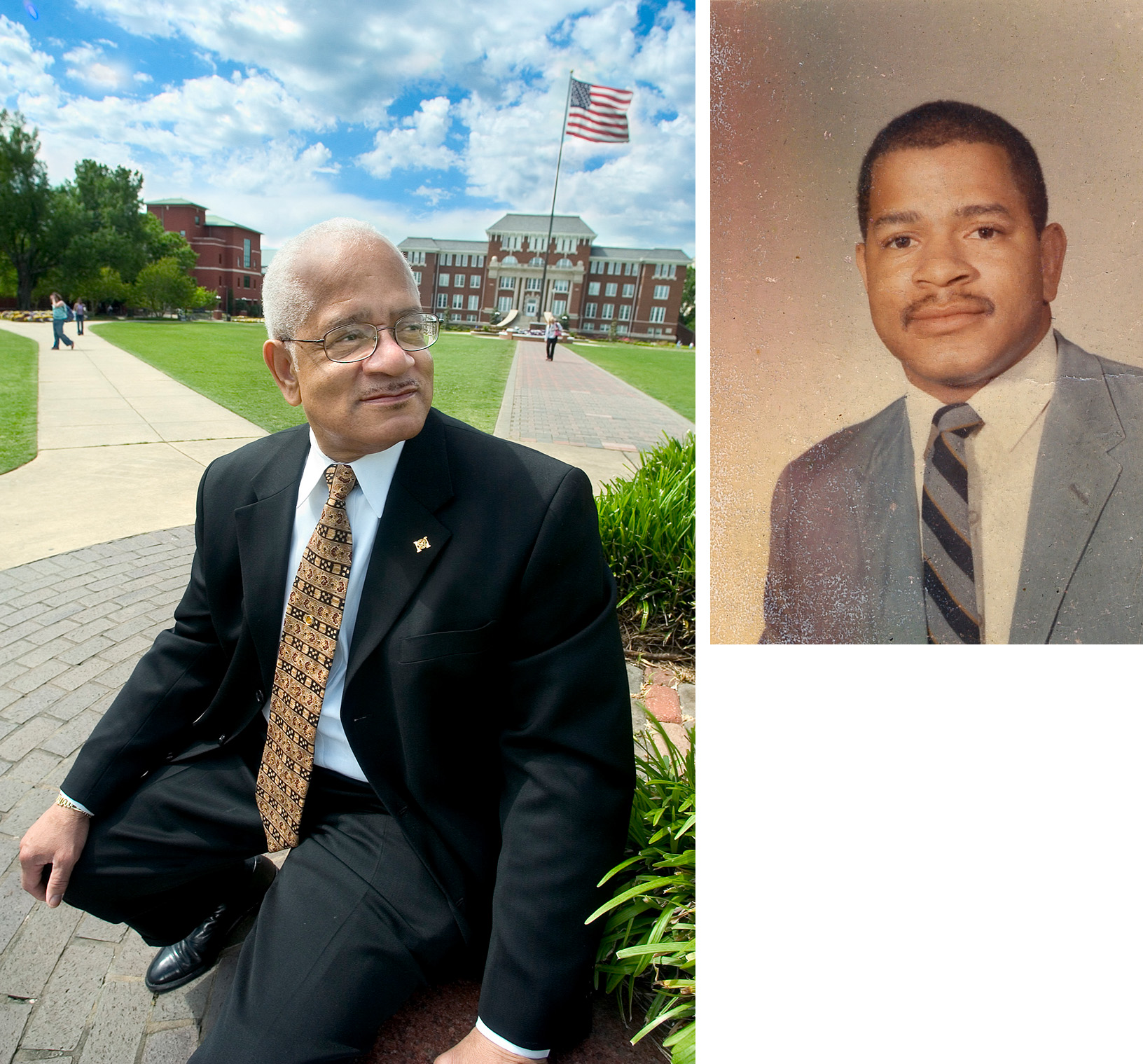 (Left) Dr. Richard Holmes on the MSU Drill Field in 2005.<br />
(Right) Holmes in 1965.<br />
