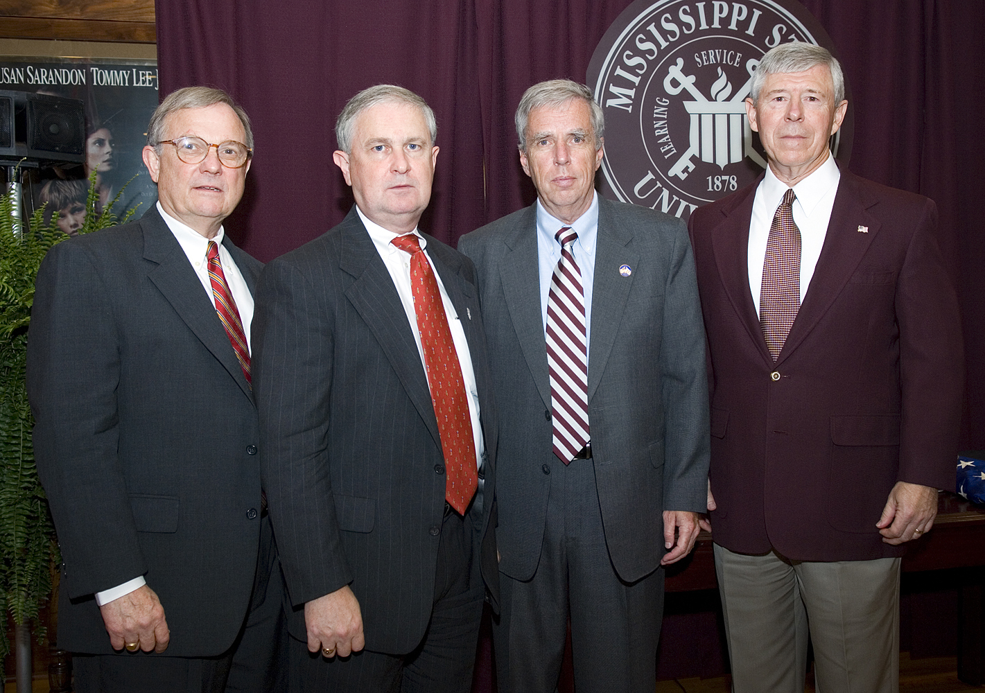 Joining MSU President Robert Foglesong (second from right) at the recent Sonny Montgomery tribute on campus were (from left) Bob Bailey, Kyle Steward and Richard Armstrong. Joining MSU President Robert Foglesong (second from right) at the recent Sonny Montgomery tribute on campus were (from left) Bob Bailey, Kyle Steward and Richard Armstrong.