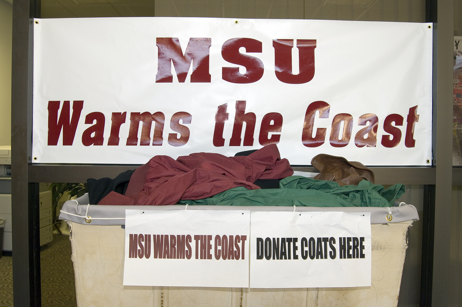 Collection points are near the manager's office at Humphrey Coliseum for MSU Warms the Coast Collection points are near the manager's office at Humphrey Coliseum for MSU Warms the Coast