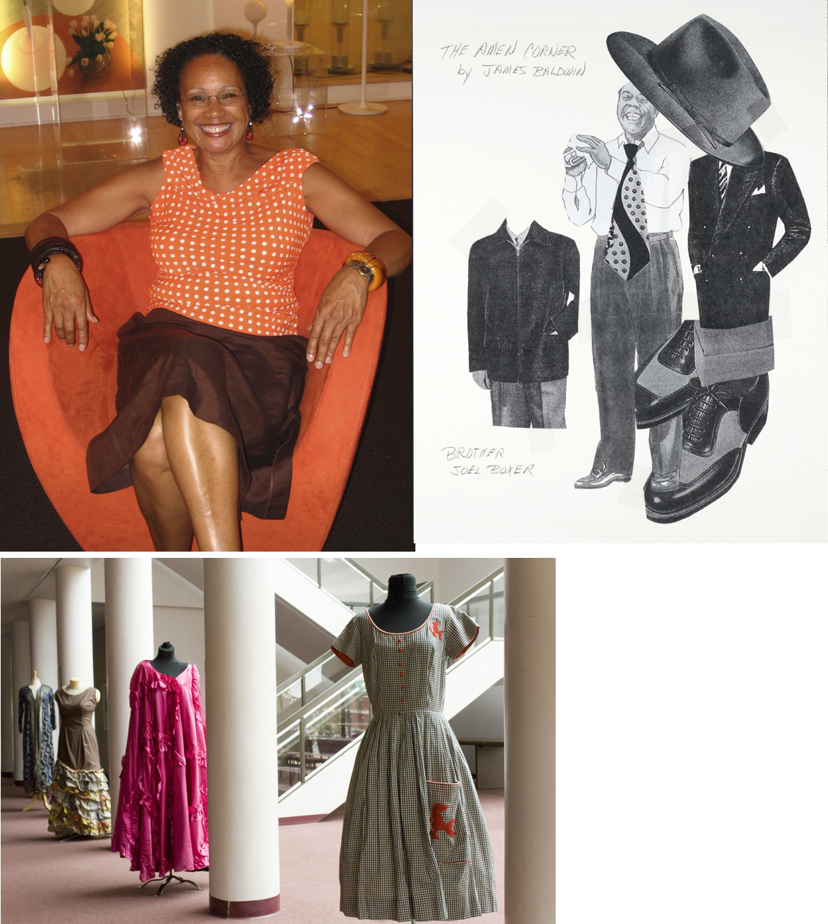 (Top, left) Myrna Colley-Lee, (Top, right) A costume rendering, and (Bottom photo) Costumes in the Colley-Lee Collection