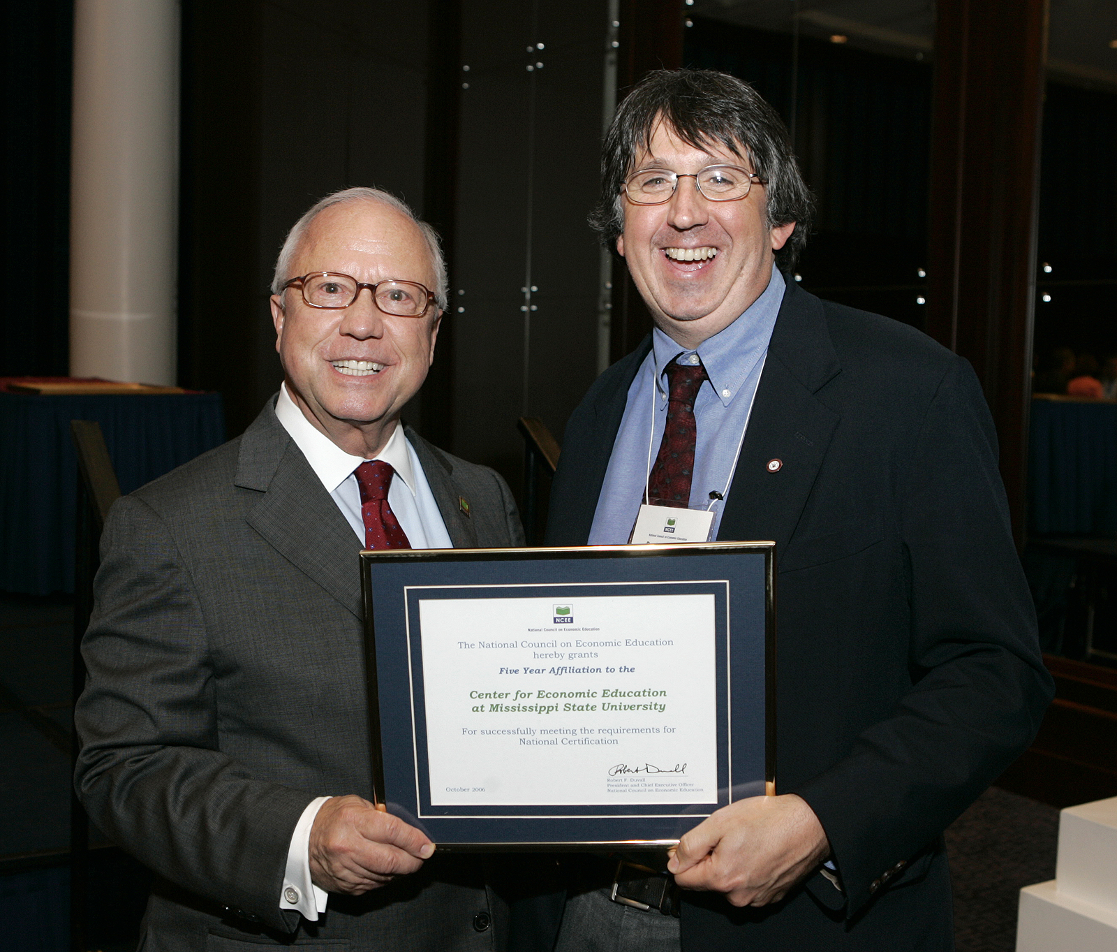 Paul Grimes (r) receiving MSU honor from NCEE president Robert Duvall Paul Grimes (r) receiving MSU honor from NCEE president Robert Duvall