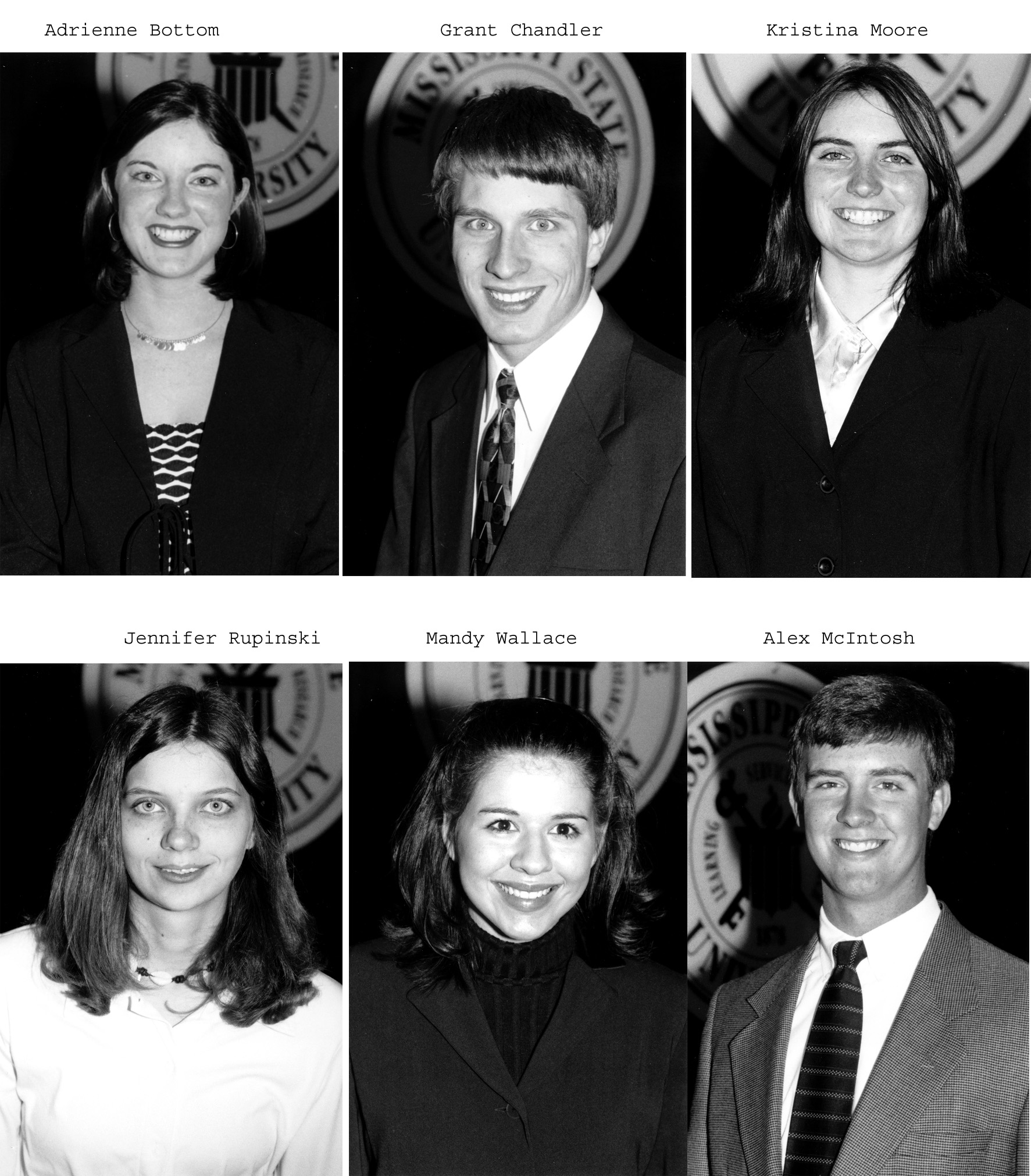 <br /><br />
Top row, left, Presidential Scholars Adrienne Bottom, Grant Chandler, Kristina Moore,<br /><br />
Bottom row, left, Presidential Scholars Jennifer Rupinski and Mandy Wallace Schillig Scholar, Alex McIntosh <br /><br />
Top row, left, Presidential Scholars Adrienne Bottom, Grant Chandler, Kristina Moore,<br /><br />
Bottom row, left, Presidential Scholars Jennifer Rupinski and Mandy Wallace Schillig Scholar, Alex McIntosh