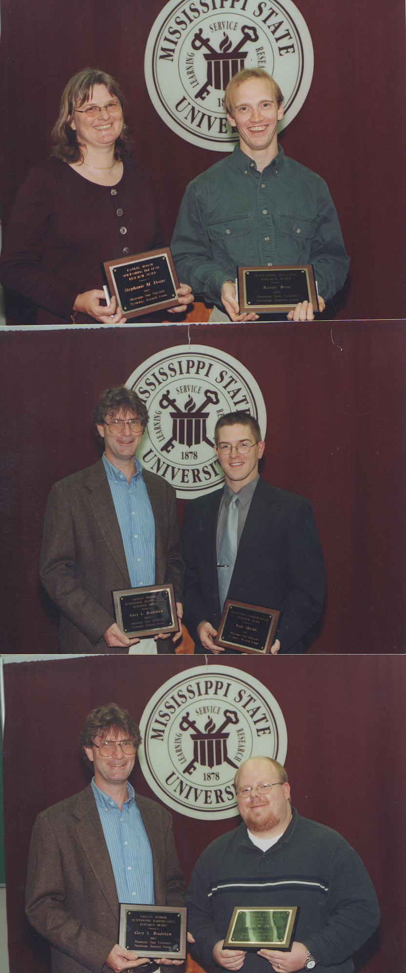 <br /><br />
Top, Randy Brou with associate professor Stephanie Doane center, Isaac Shields (r) with associate professor Gary Bradshaw and bottom, Kevin Harris (r) with associate professor Gary Bradshaw <br /><br />
Top, Randy Brou with associate professor Stephanie Doane center, Isaac Shields (r) with associate professor Gary Bradshaw and bottom, Kevin Harris (r) with associate professor Gary Bradshaw