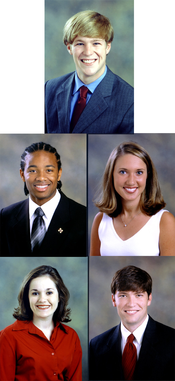 <br /><br />
Top, left to right, Joshua O. "Josh" Blades, Juan R. McCullum, Claire Hardin, Christina L. Dennery, and William W. "Hunter" Jones III <br /><br />
Top, left to right, Joshua O. "Josh" Blades, Juan R. McCullum, Claire Hardin, Christina L. Dennery, and William W. "Hunter" Jones III