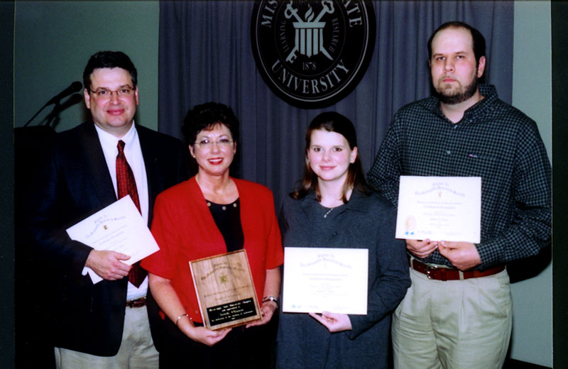 <br /><br />
Sigma Xi award winners at Mississippi State for 2002-03 are (l-r) Mark E. Zappi, Brenda O'Bannon, Magan E. Green, and Jeffrey Alvey. <br /><br />
Sigma Xi award winners at Mississippi State for 2002-03 are (l-r) Mark E. Zappi, Brenda O'Bannon, Magan E. Green, and Jeffrey Alvey.