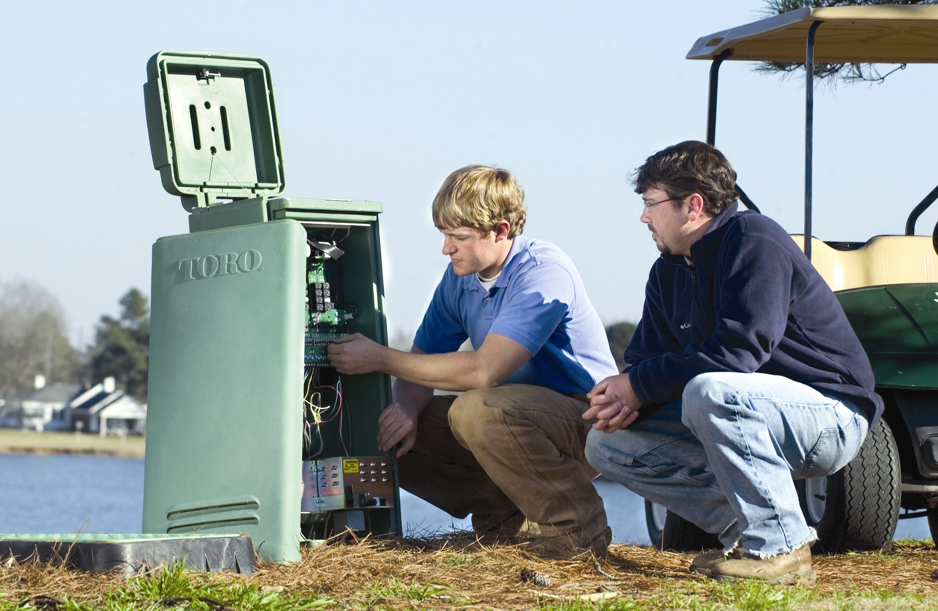 MSU sports and turf management majors Jordan Carlisle (l) and Keith Julkenbeck examine Toro sprinkler controls. MSU sports and turf management majors Jordan Carlisle (l) and Keith Julkenbeck examine Toro sprinkler controls.