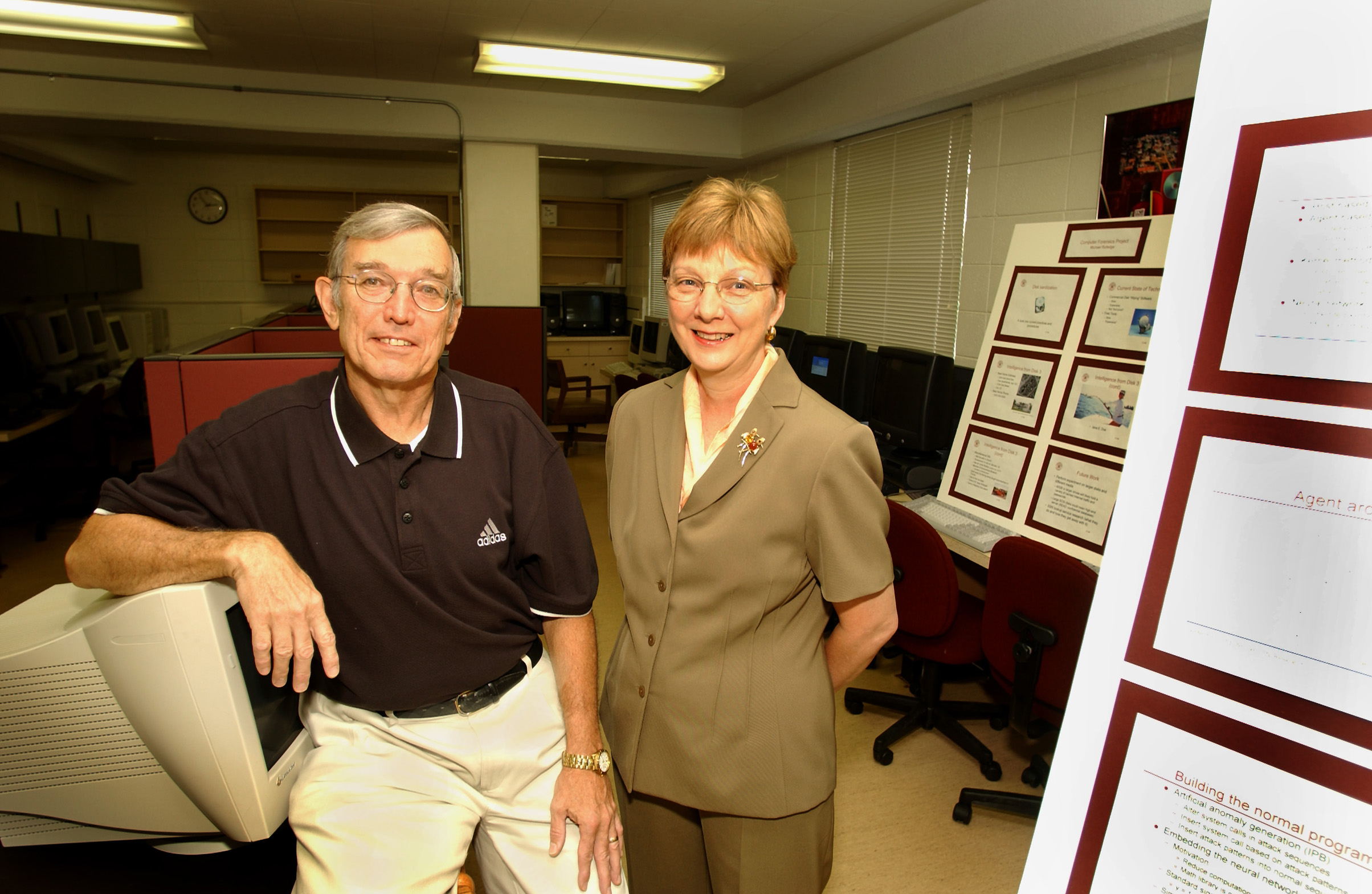 <br /><br />
Mississippi State computer science and engineering professors Ray Vaughn, left, and Susan Bridges are helping create a new generation of experts skilled in the methods of detecting, dissecting and deflecting the growing menace of cyberspace crime. Vaughn, a native of Hattiesburg, and Bridges, a native of Elkins, Ark., are pictured in the university's two-year-old, $200,000 computer security laboratory on the Starkville campus.<br /><br />
<br /><br />
Mississippi State computer science and engineering professors Ray Vaughn, left, and Susan Bridges are helping create a new generation of experts skilled in the methods of detecting, dissecting and deflecting the growing menace of cyberspace crime. Vaughn, a native of Hattiesburg, and Bridges, a native of Elkins, Ark., are pictured in the university's two-year-old, $200,000 computer security laboratory on the Starkville campus.<br /><br />