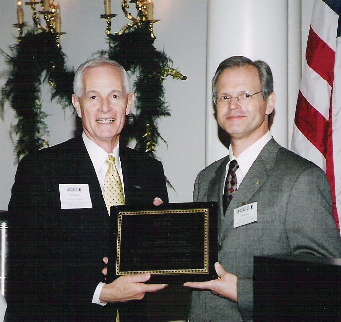 <br /><br />
ROOSEVELT AWARD--Mississippi State engineering dean A. Wayne Bennett (l) accepts the 2004 Teddy Roosevelt Award from Charles Williford, president of the American Council of Engineering Companies/Mississippi during a recent banquet in Jackson. The award recognizes individuals for outstanding contributions to the engineering profession. <br /><br />
ROOSEVELT AWARD--Mississippi State engineering dean A. Wayne Bennett (l) accepts the 2004 Teddy Roosevelt Award from Charles Williford, president of the American Council of Engineering Companies/Mississippi during a recent banquet in Jackson. The award recognizes individuals for outstanding contributions to the engineering profession.